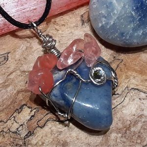 Boho sodalite strawberry quartz crystal pendant necklace, handcrafted